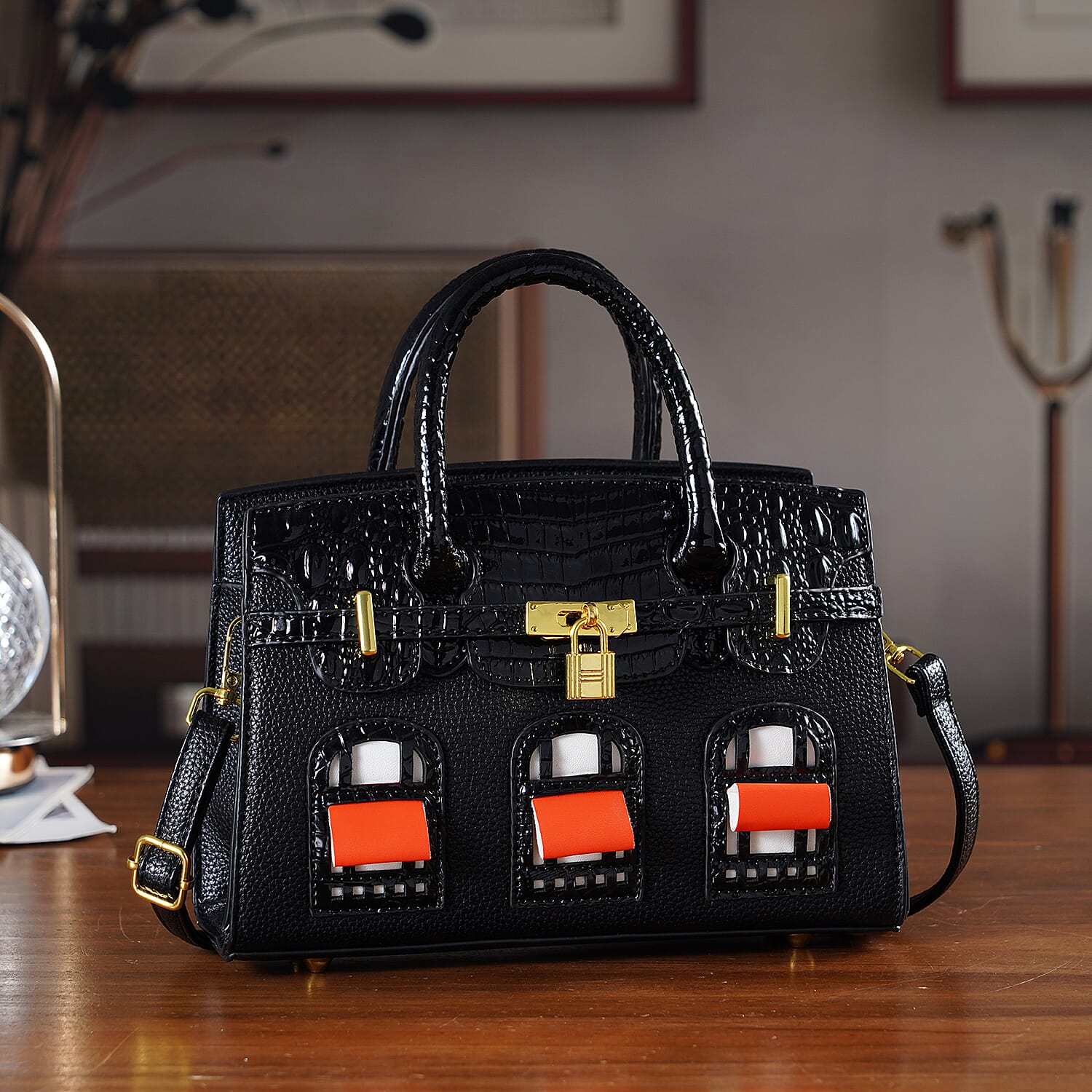 Designer-Inspired Structured Handbag with Crossbody Strap - Black