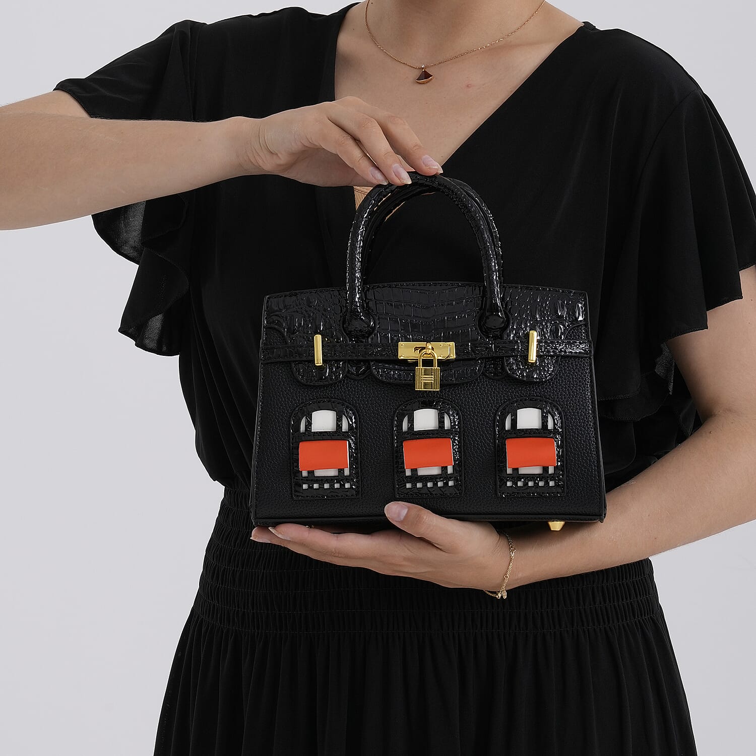 Designer-Inspired Structured Handbag with Crossbody Strap - Black