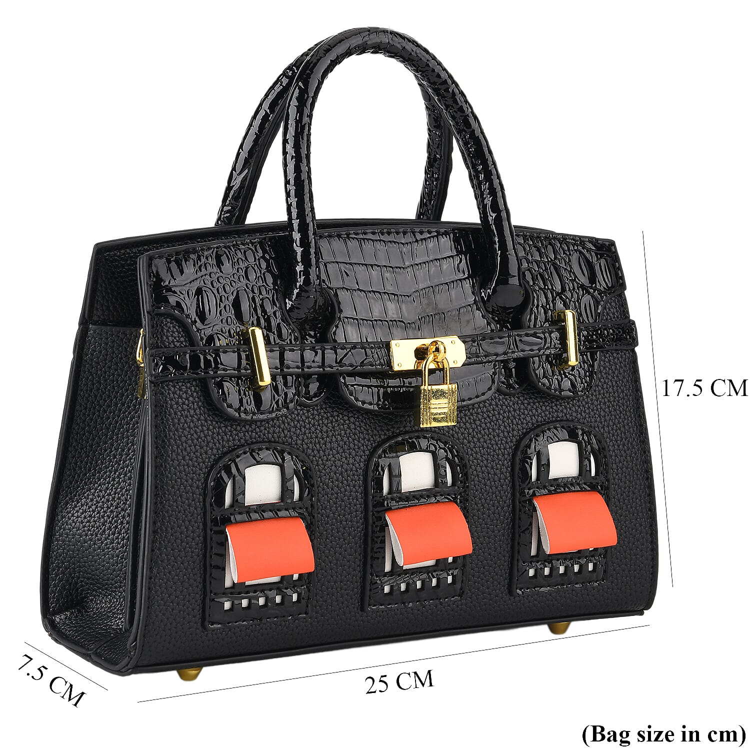 Designer-Inspired Structured Handbag with Crossbody Strap - Black