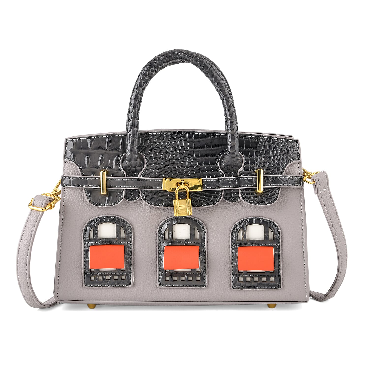 Designer-Inspired Structured Handbag with Crossbody Strap - Grey