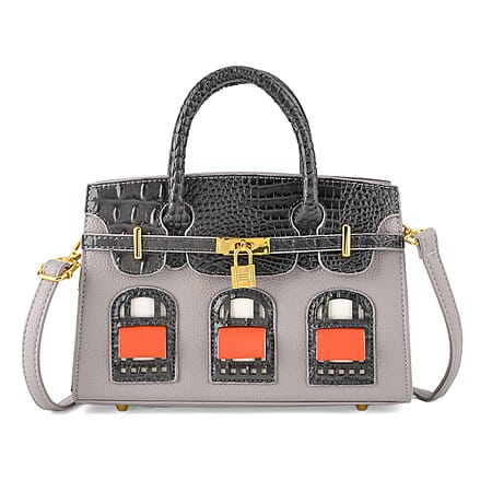 Designer-Inspired Structured Handbag with Crossbody Strap - Grey