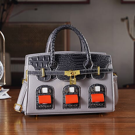 Designer-Inspired Structured Handbag with Crossbody Strap - Grey