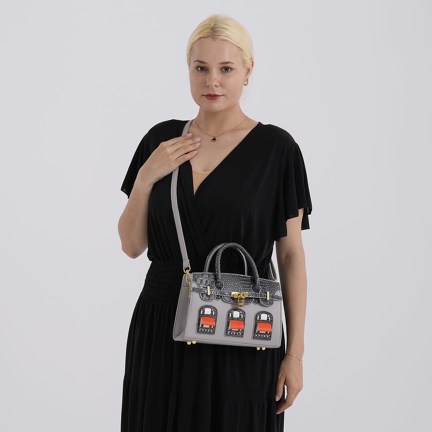 Designer-Inspired Structured Handbag with Crossbody Strap - Grey