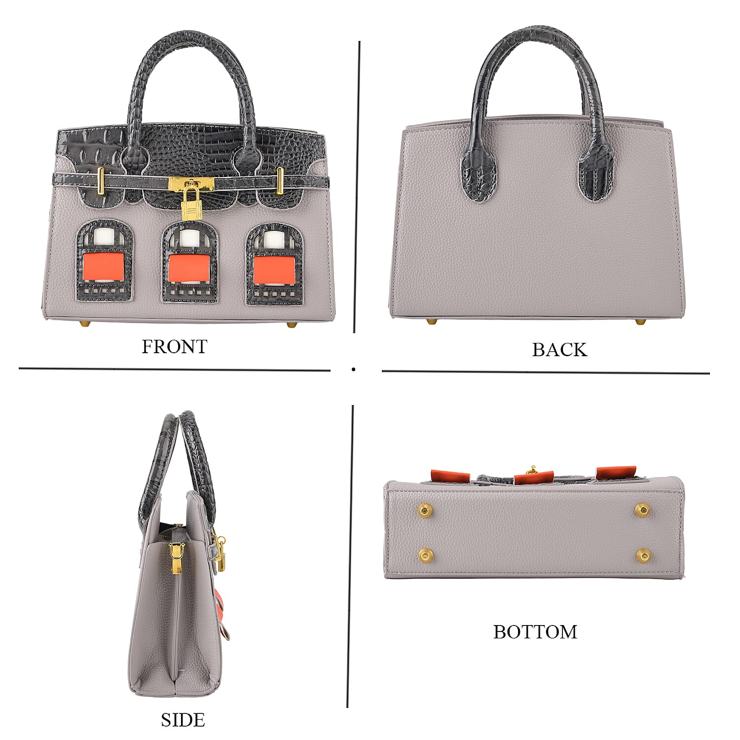 Designer-Inspired Structured Handbag with Crossbody Strap - Grey