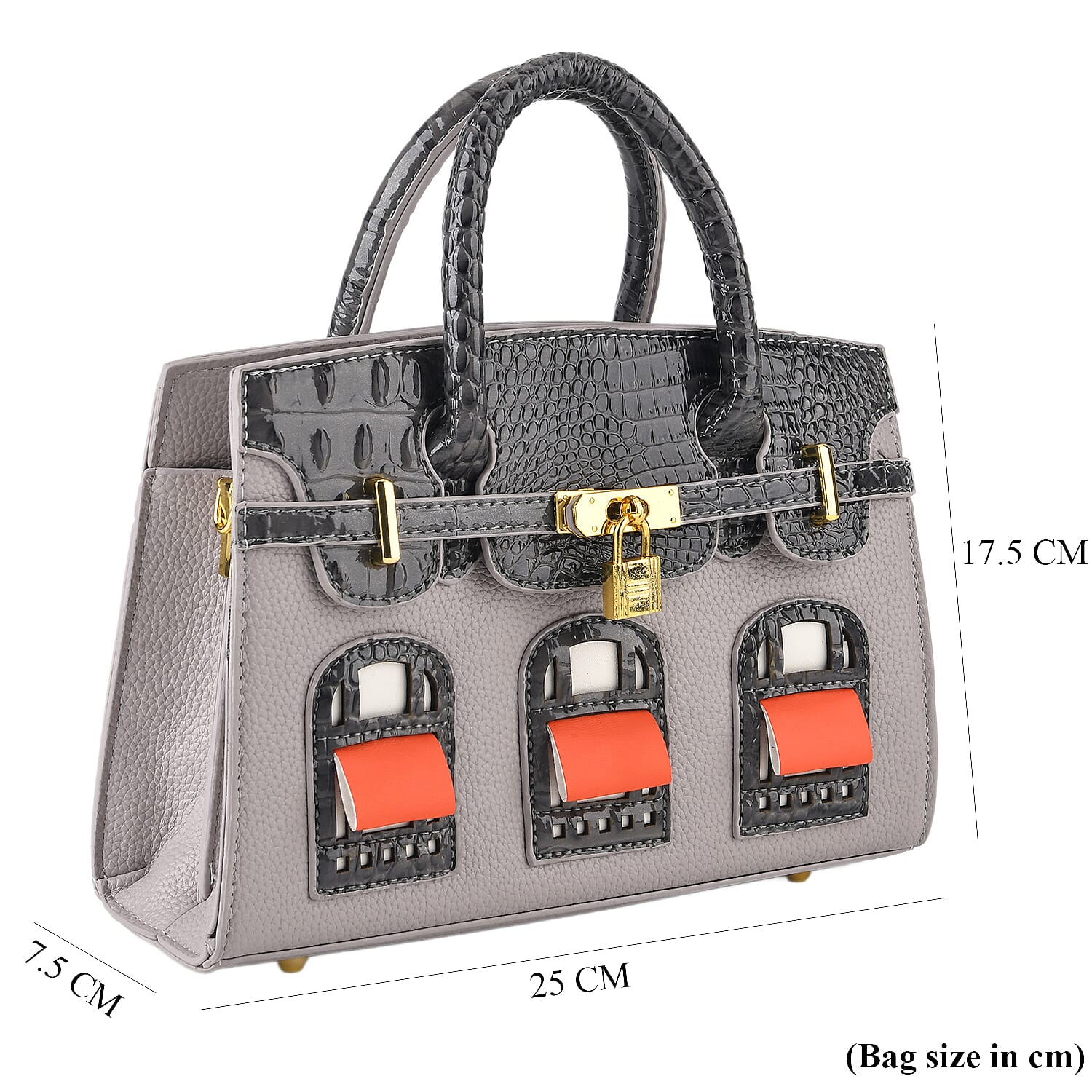 Designer-Inspired Structured Handbag with Crossbody Strap - Grey