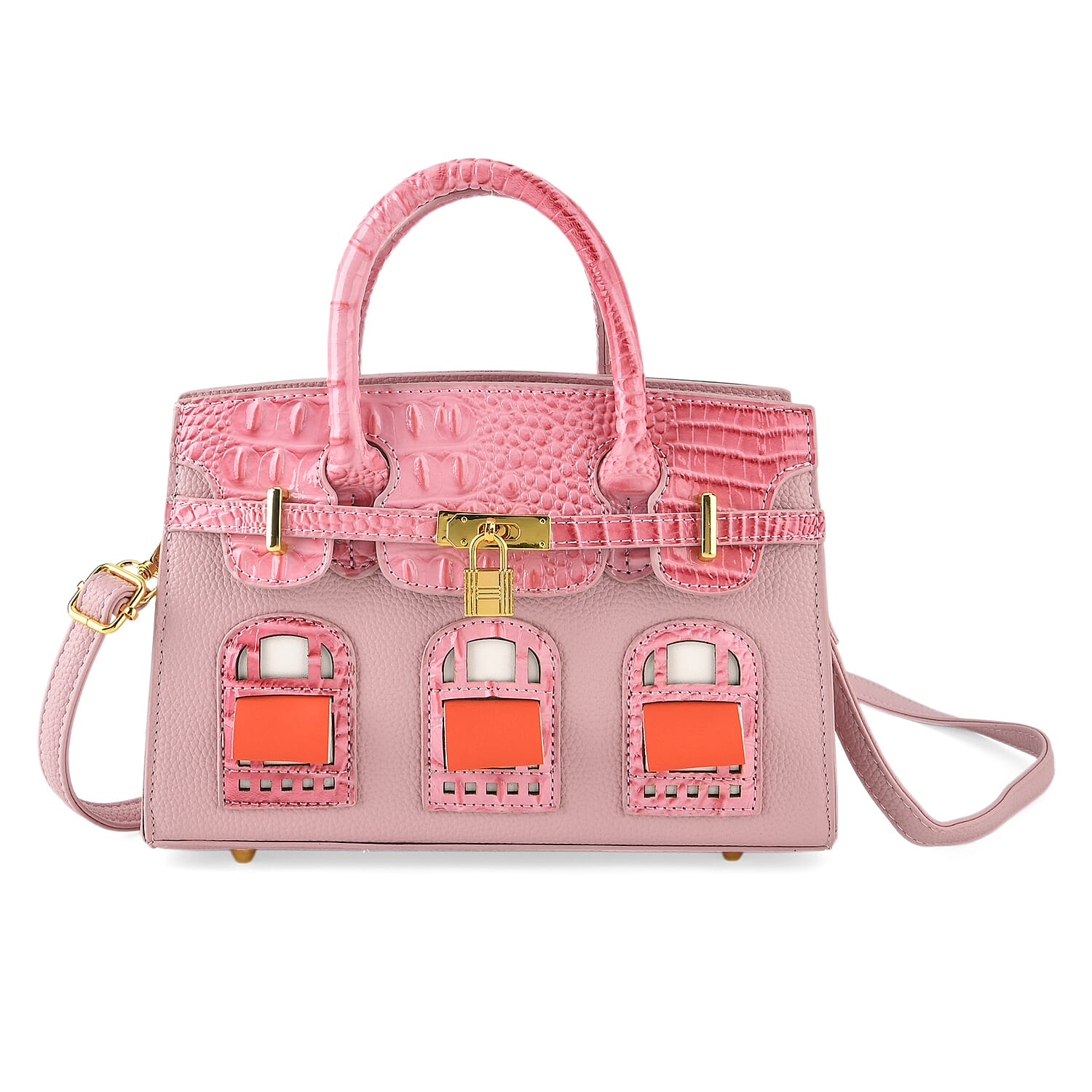 Designer-Inspired Structured Handbag with Crossbody Strap - Pink