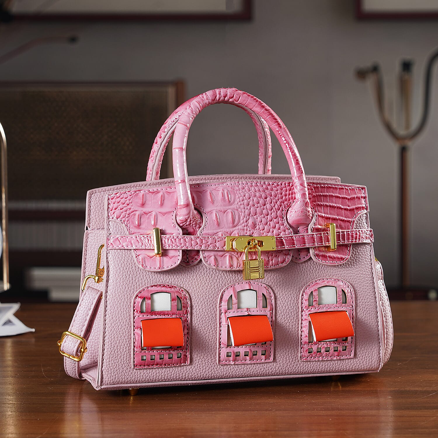 Designer-Inspired Structured Handbag with Crossbody Strap - Pink
