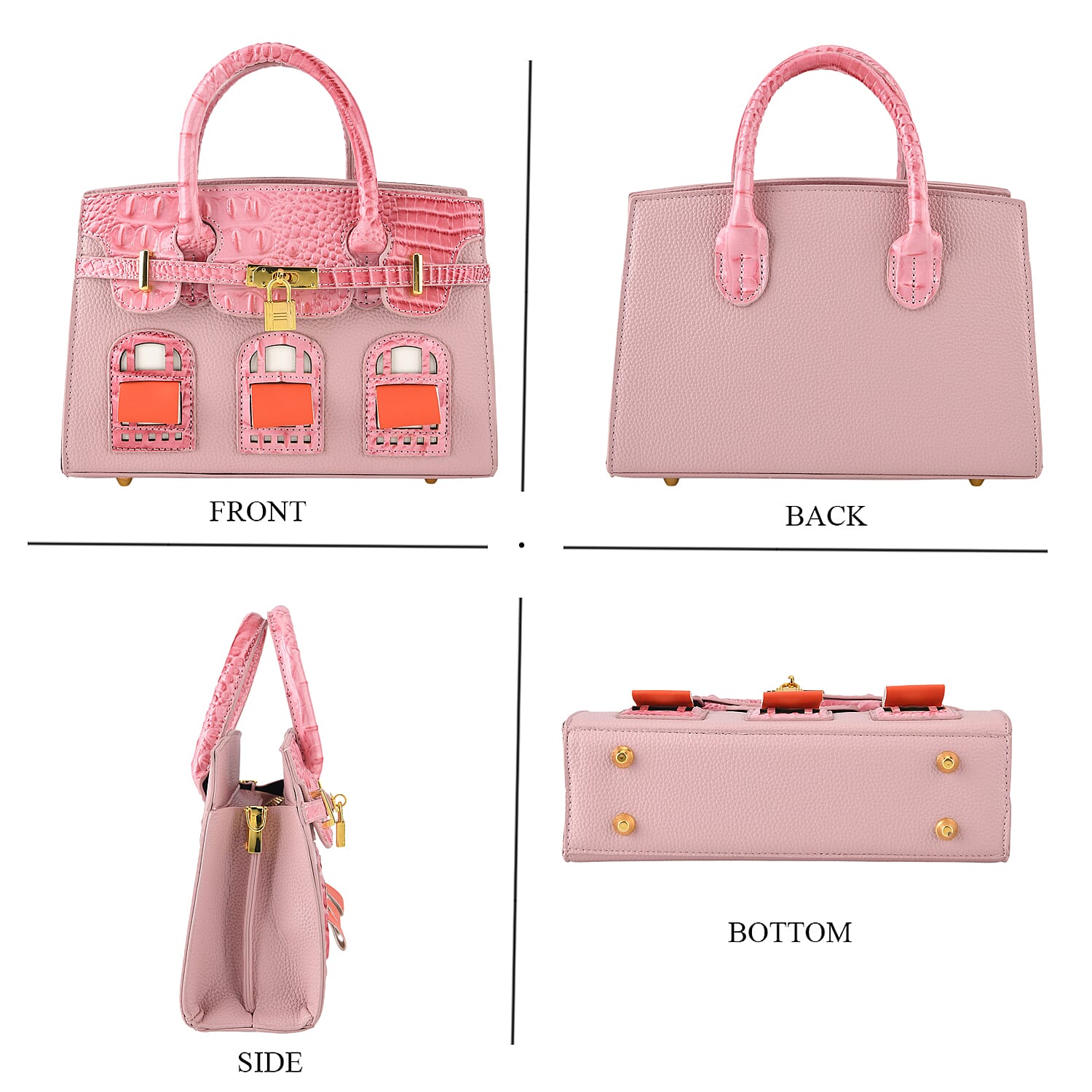 Designer-Inspired Structured Handbag with Crossbody Strap - Pink
