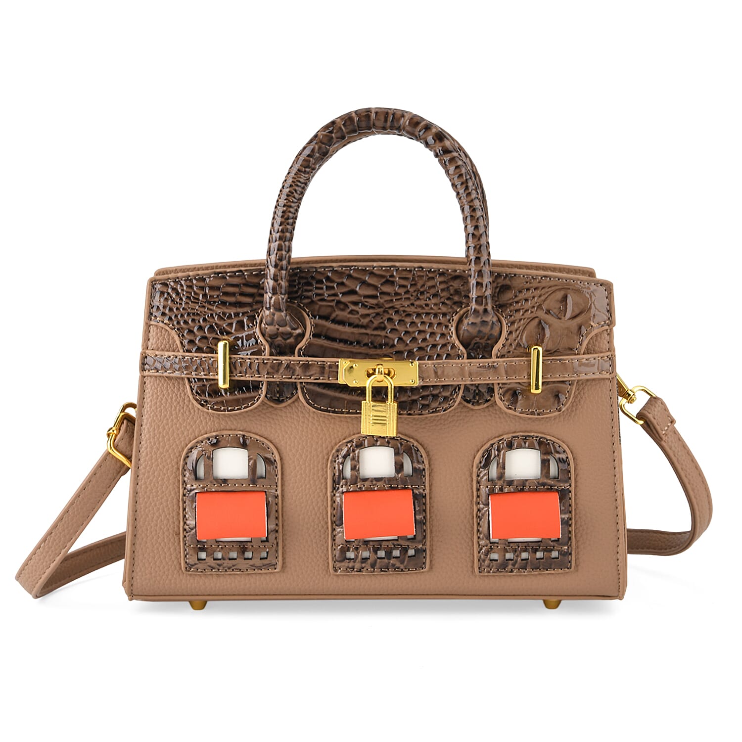 Designer-Inspired Structured Handbag with Crossbody Strap - Light Brown