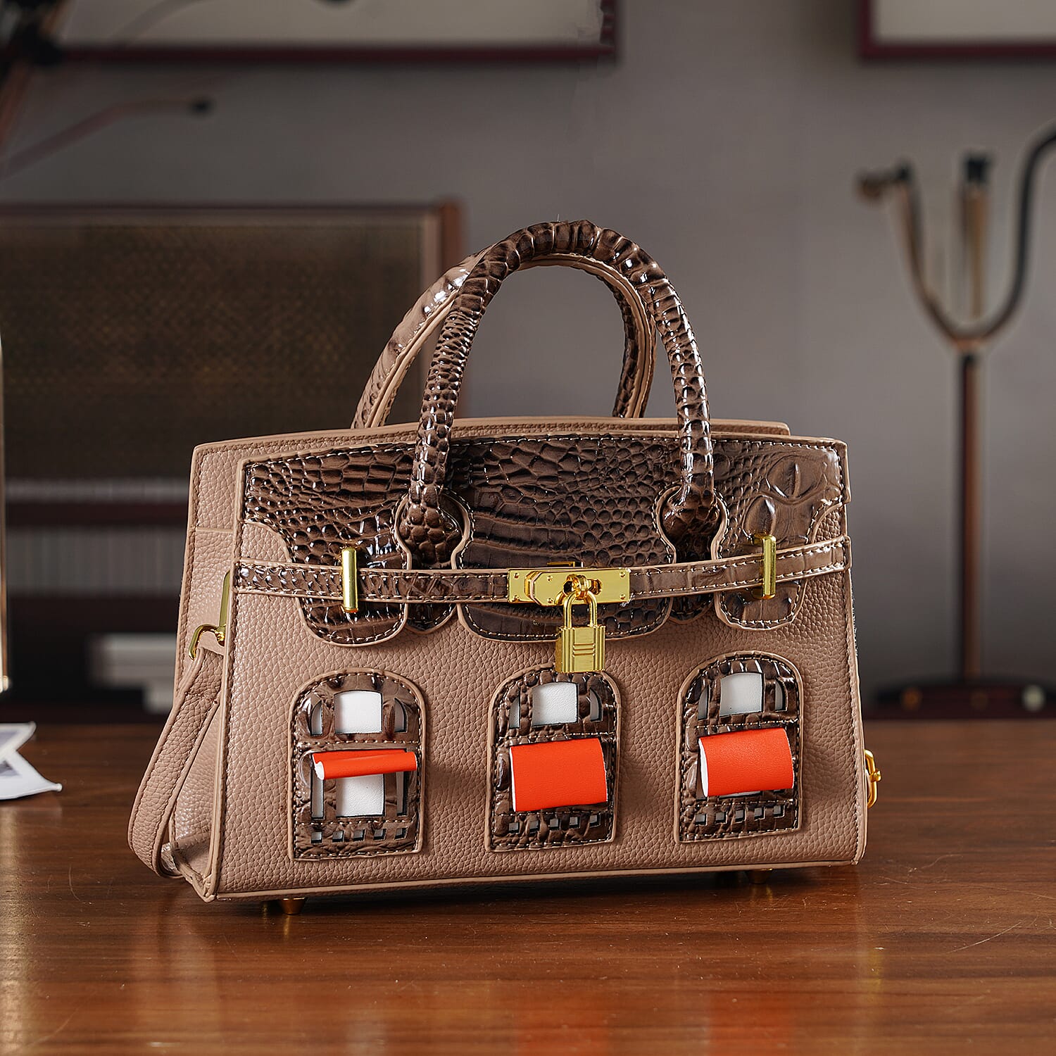 Designer-Inspired Structured Handbag with Crossbody Strap - Light Brown