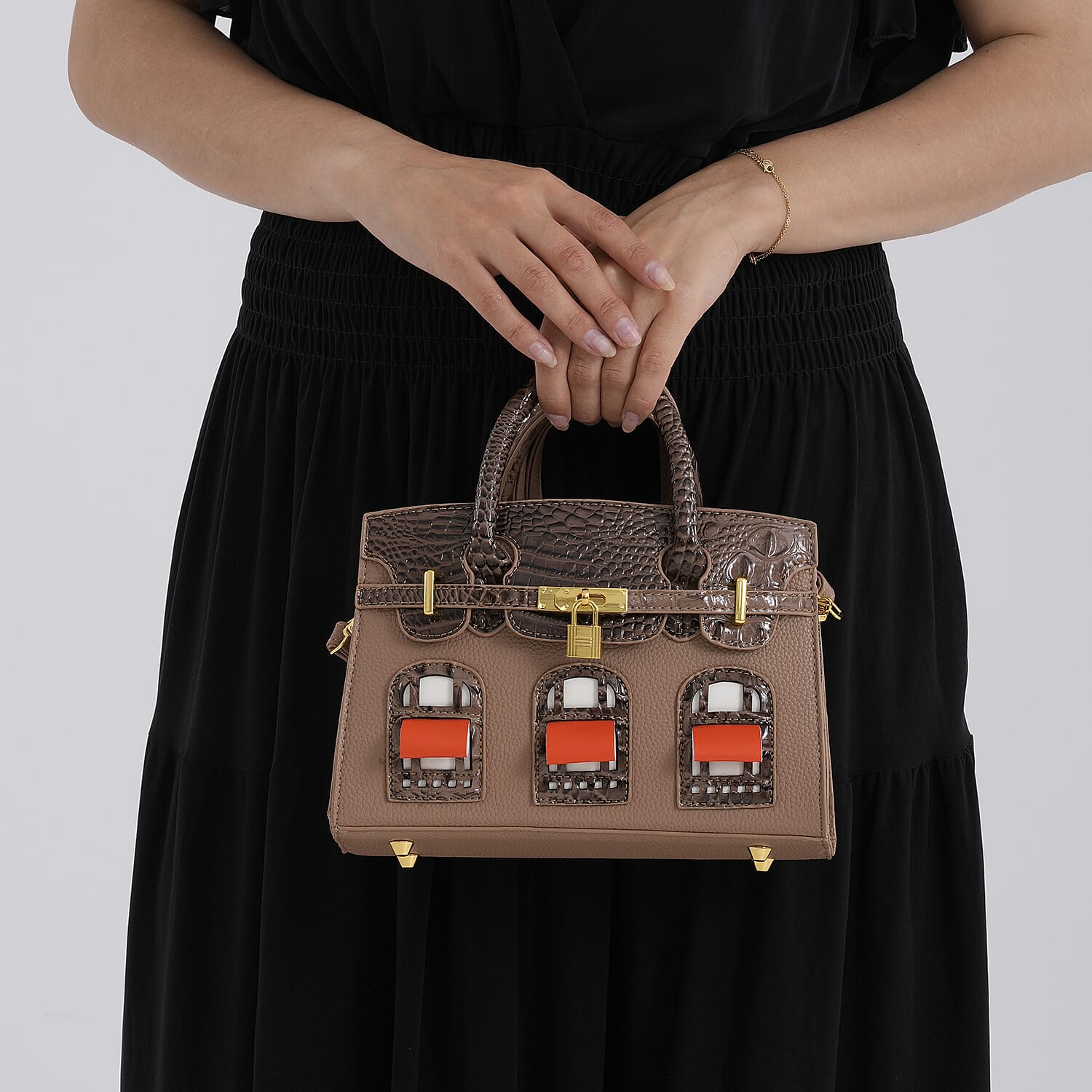 Designer-Inspired Structured Handbag with Crossbody Strap - Light Brown