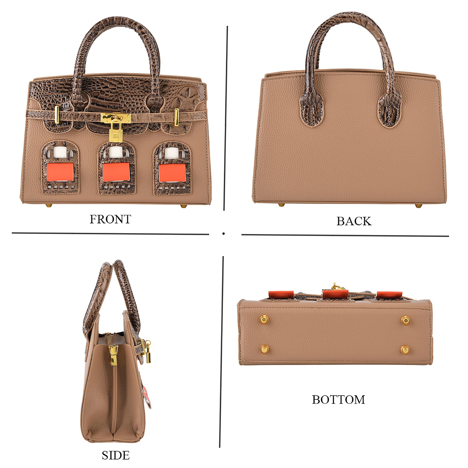 Designer-Inspired Structured Handbag with Crossbody Strap - Light Brown