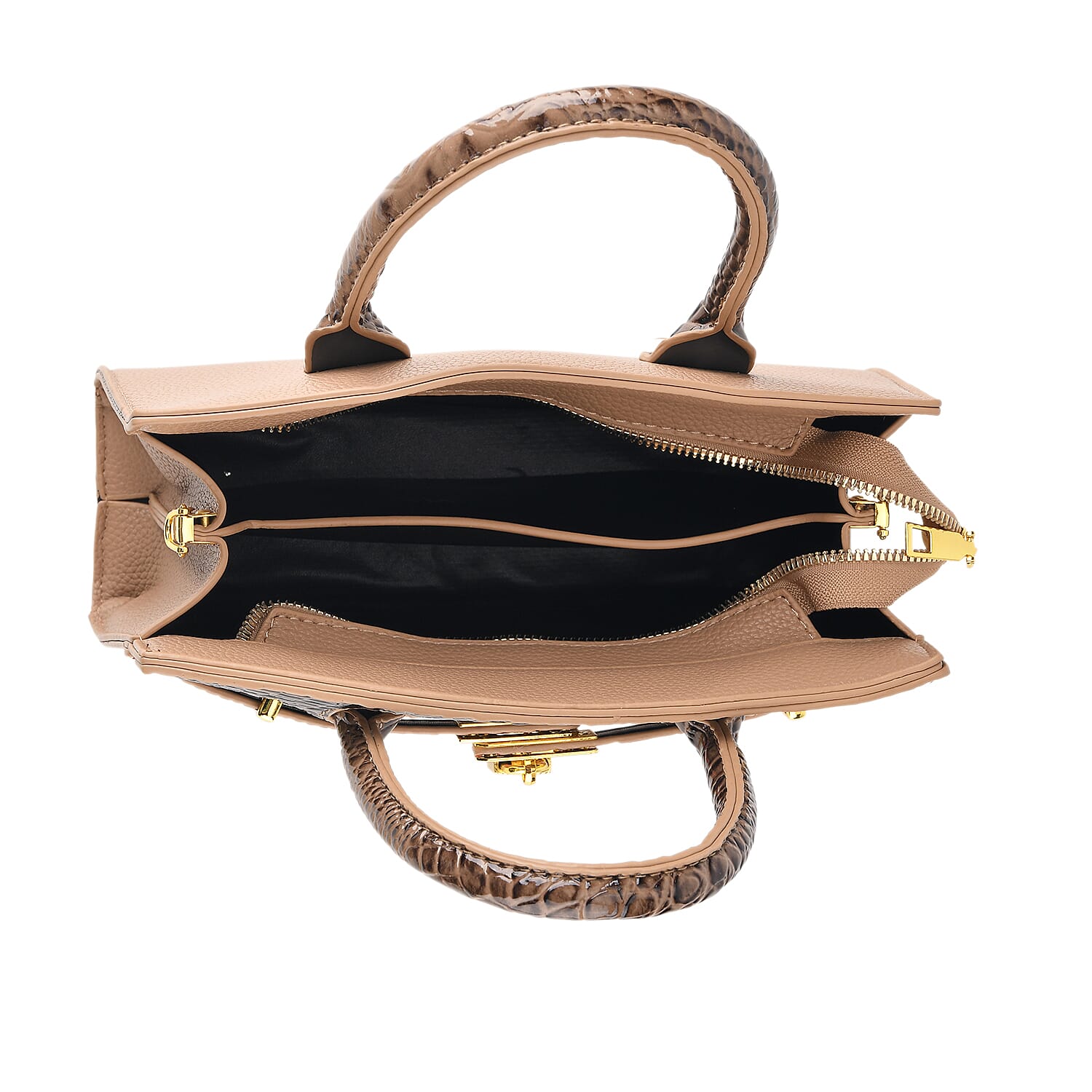 Designer-Inspired Structured Handbag with Crossbody Strap - Light Brown