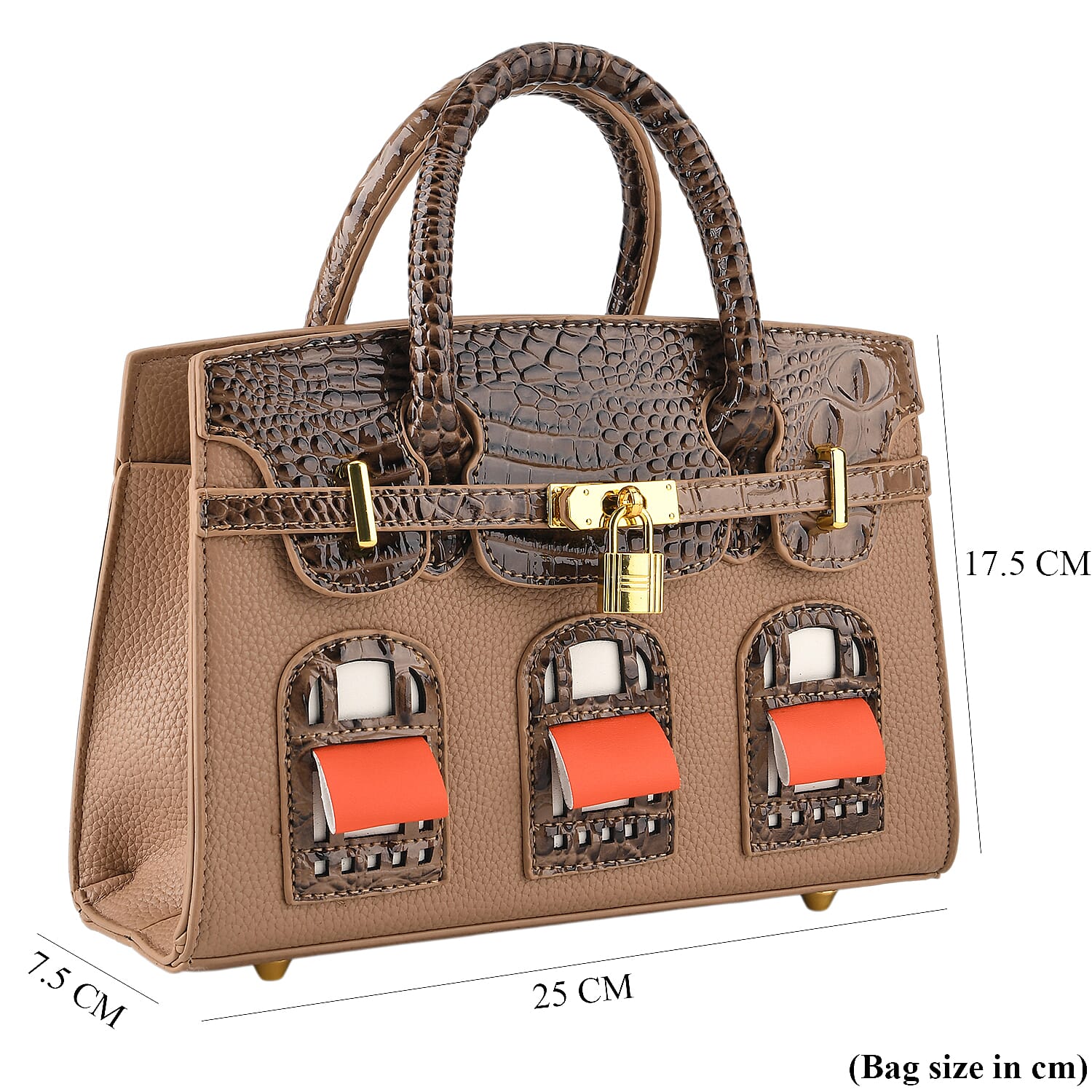 Designer-Inspired Structured Handbag with Crossbody Strap - Light Brown