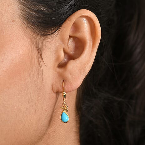 D'Joy Sleeping Beauty Turquoise Dangling Earring with Lever Back in Yellow Gold Plated Sterling Silver 1.41 Ct.
