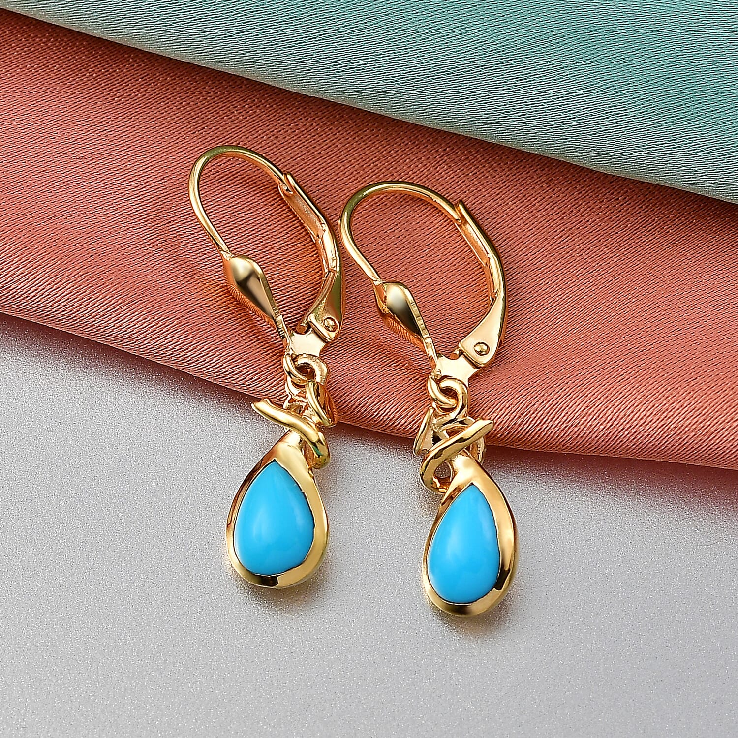 D'Joy Sleeping Beauty Turquoise Dangling Earring with Lever Back in Yellow Gold Plated Sterling Silver 1.41 Ct.