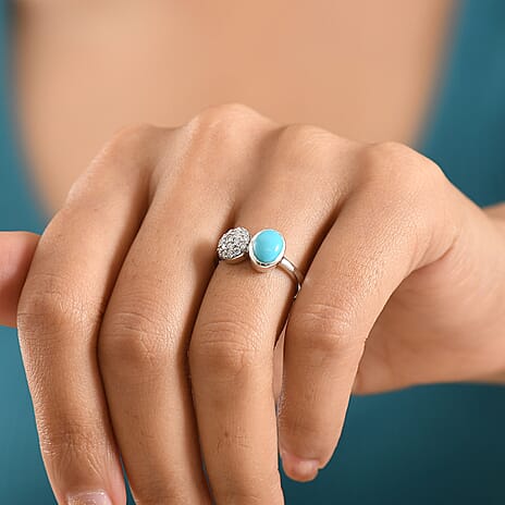 D'Joy Sleeping Beauty Turquoise & Moissanite Toi et moi Ring in Rhodium Overlay Sterling Silver 1.55 Ct.