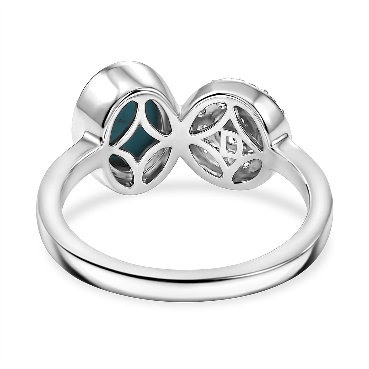 D'Joy Sleeping Beauty Turquoise & Moissanite Toi et moi Ring in Rhodium Overlay Sterling Silver 1.55 Ct.