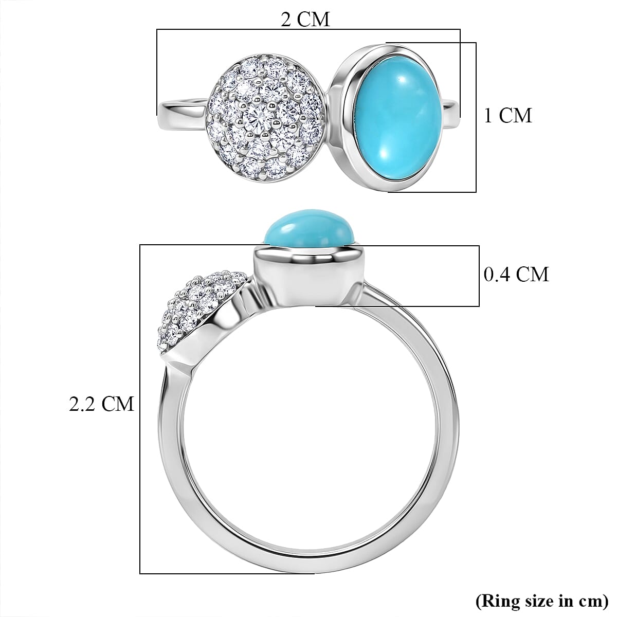 D'Joy Sleeping Beauty Turquoise & Moissanite Toi et moi Ring in Rhodium Overlay Sterling Silver 1.55 Ct.