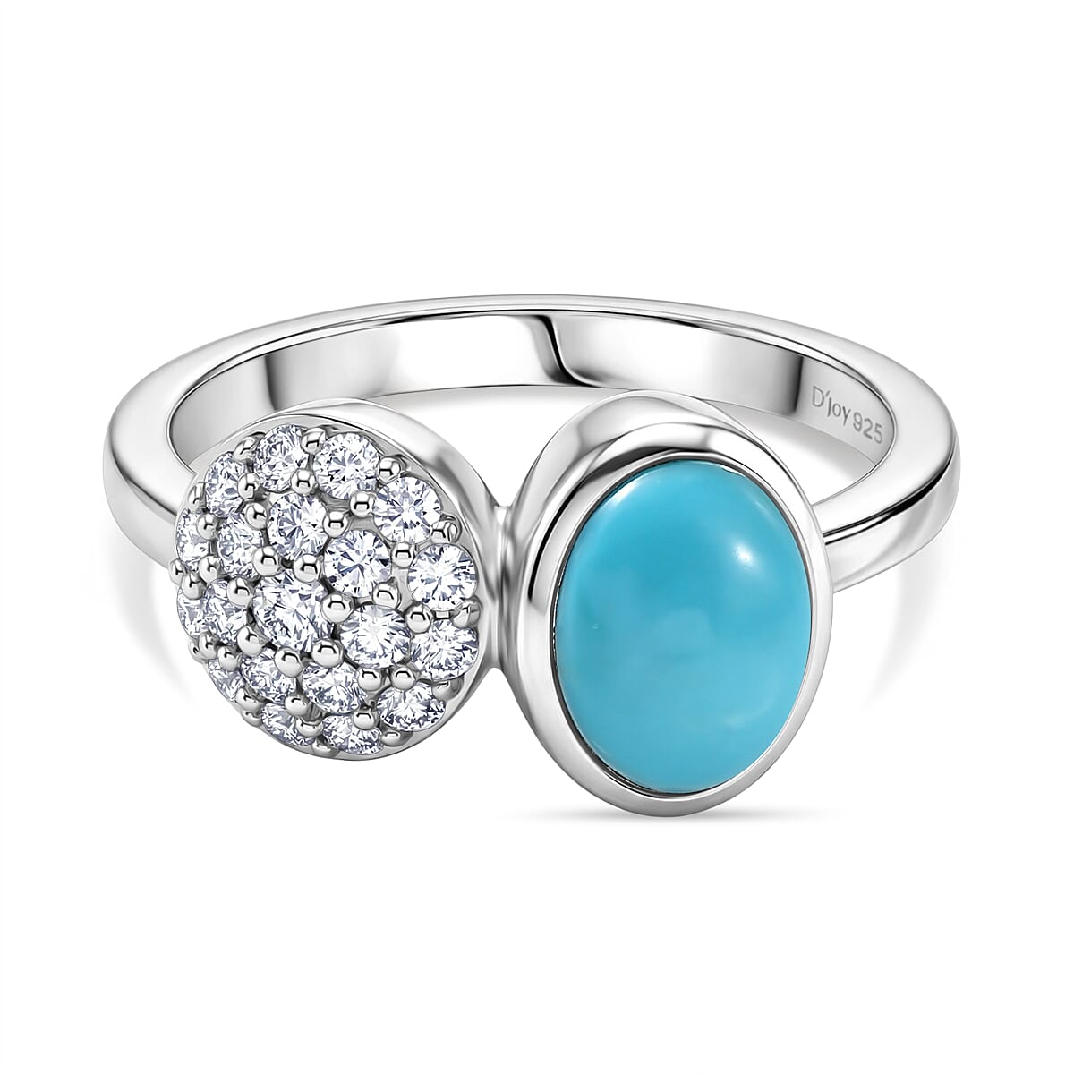 D'Joy Sleeping Beauty Turquoise and Moissanite Toi Et Moi Ring in Rhodium Overlay Sterling Silver 1.55 Ct.