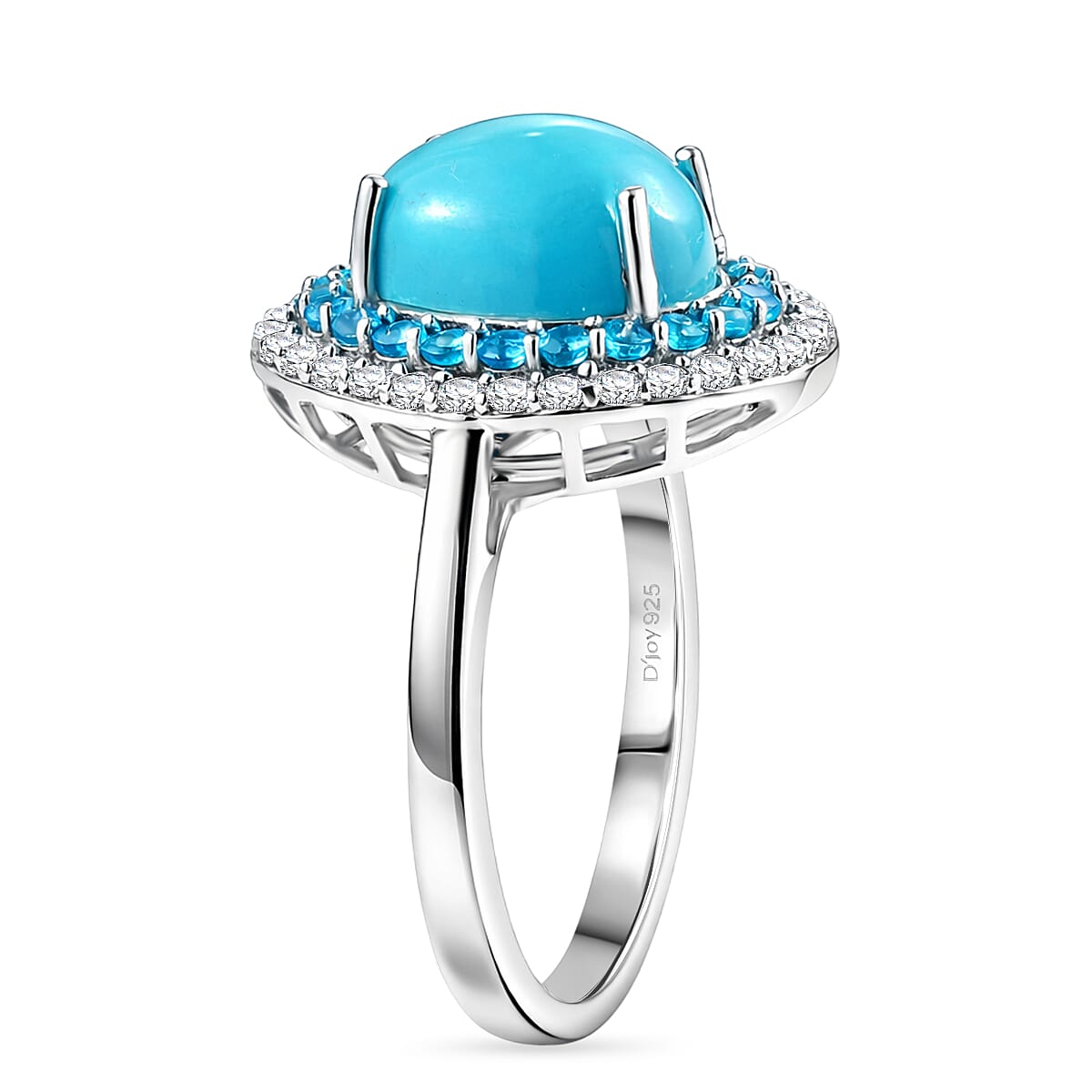 D'Joy Sleeping Beauty Turquoise, White Zircon & Neon Apatite Halo Ring in Rhodium Overlay Sterling Silver 3.42 Ct.