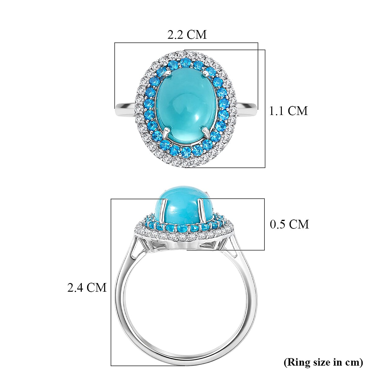 D'Joy Sleeping Beauty Turquoise, White Zircon & Neon Apatite Halo Ring in Rhodium Overlay Sterling Silver 3.42 Ct.
