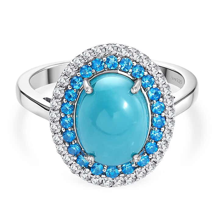 D'Joy Sleeping Beauty Turquoise, White Zircon and Neon Apatite Double Halo Ring in Rhodium Overlay Sterling Silver 3.42 Ct.