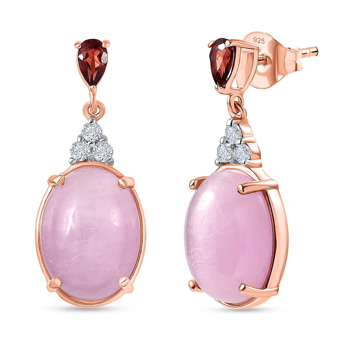 D'Joy Natural Kunzite, Red Garnet & White Zircon Dangling Earring with Push Back in Rose Gold Plated Sterling Silver 13.55 Ct.