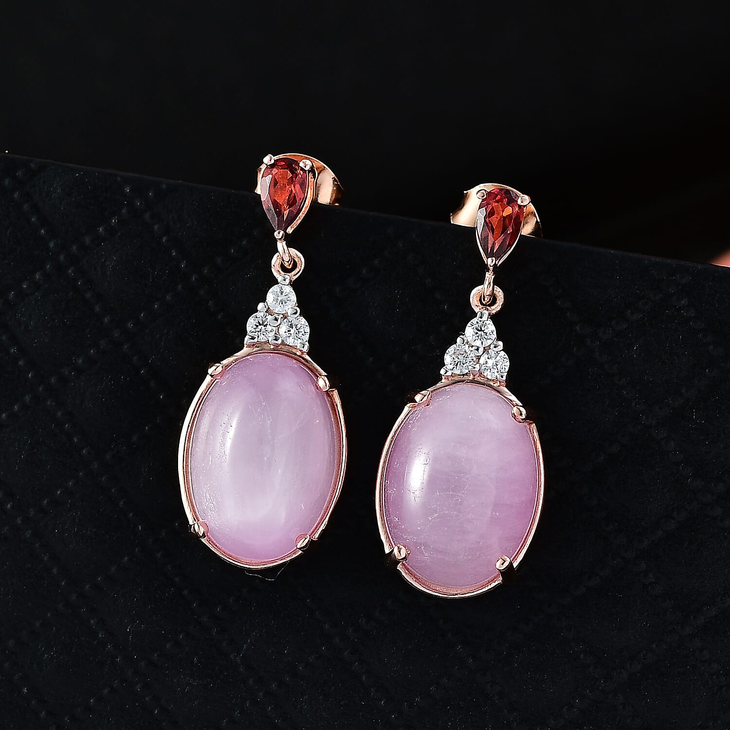 D'Joy Natural Kunzite, Red Garnet & White Zircon Dangling Earring with Push Back in Rose Gold Plated Sterling Silver 13.55 Ct.