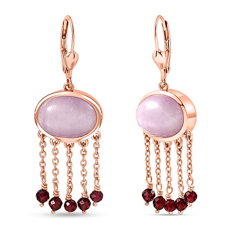 D'Joy Natural Kunzite & Red Garnet Earring with Lever Back in Rose Gold Plated Sterling Silver 15.73 Ct.