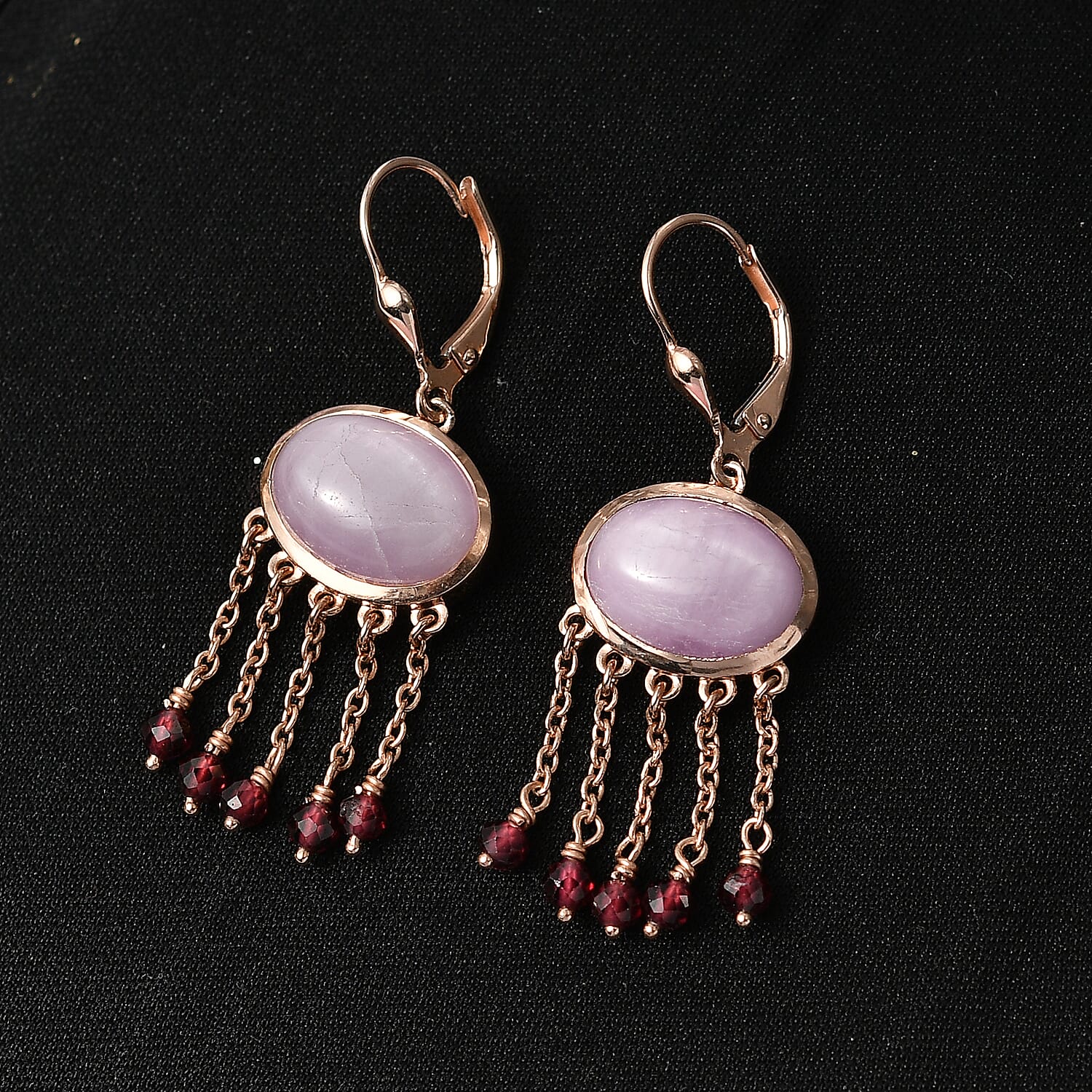 D'Joy Natural Kunzite & Red Garnet Earring with Lever Back in Rose Gold Plated Sterling Silver 15.73 Ct.