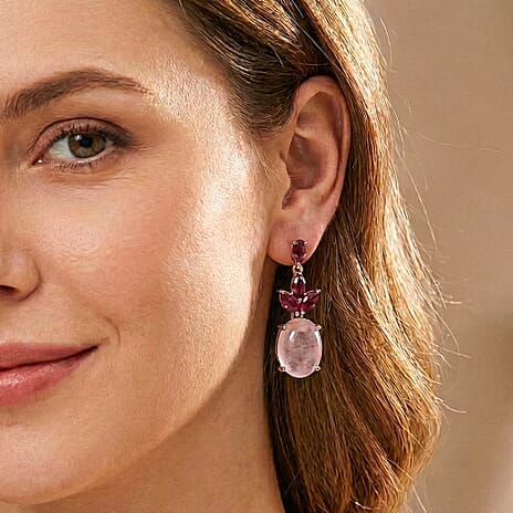 D'Joy Natural Kunzite & Orissa Rose Garnet Dangling Earring with Push Back in Rose Gold Plated Sterling Silver 24.82 Ct.