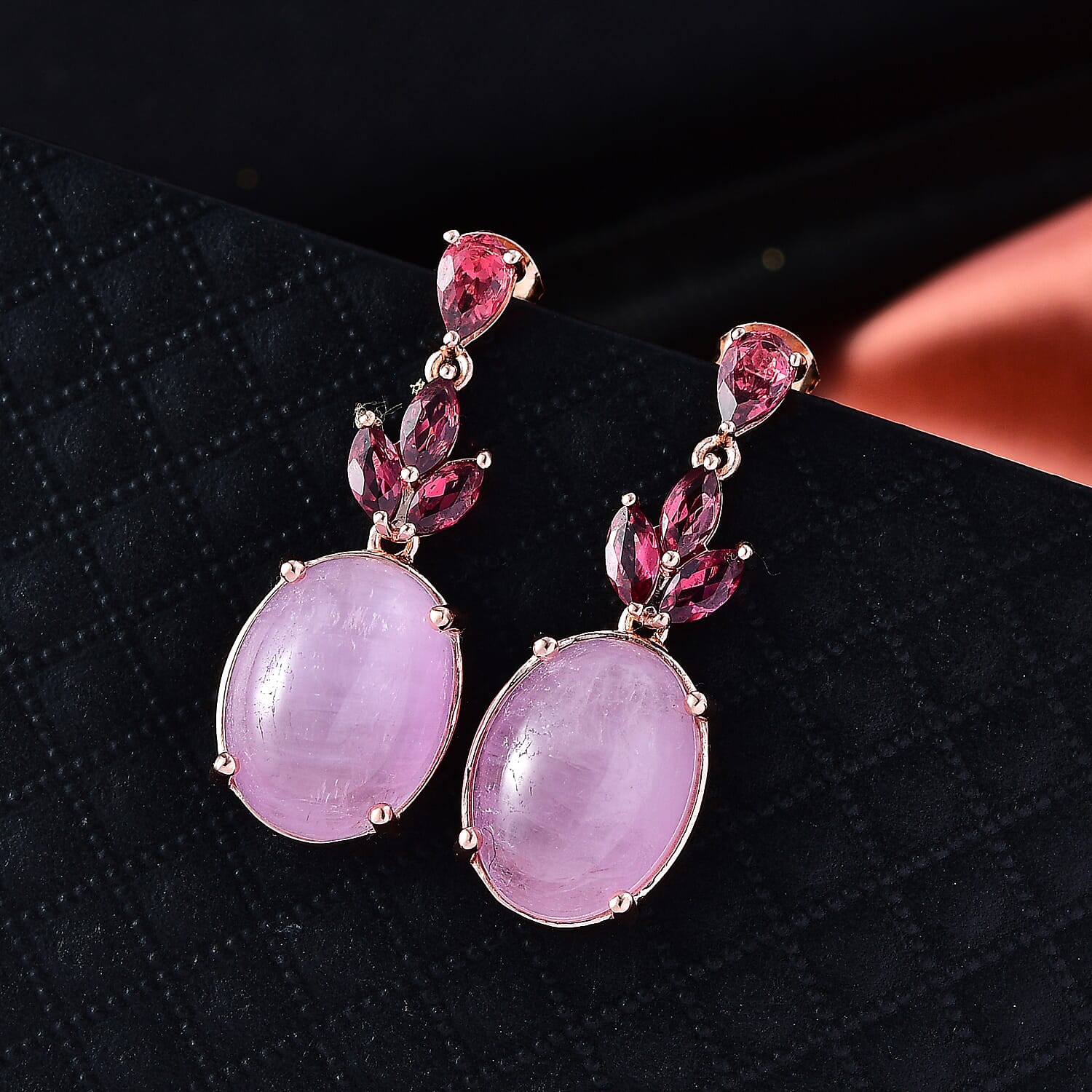 D'Joy Natural Kunzite & Orissa Rose Garnet Dangling Earring with Push Back in Rose Gold Plated Sterling Silver 24.82 Ct.