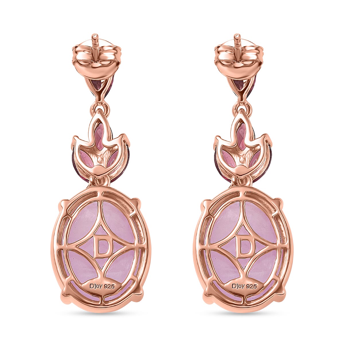 D'Joy Natural Kunzite & Orissa Rose Garnet Dangling Earring with Push Back in Rose Gold Plated Sterling Silver 24.82 Ct.