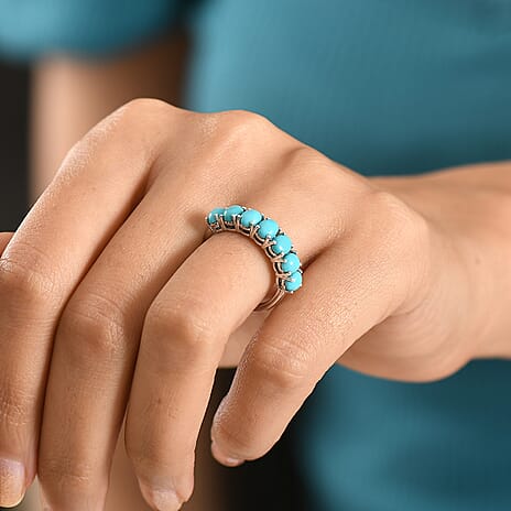 D'Joy Sleeping Beauty Turquoise 7 Stone Ring in Rhodium Overlay Sterling Silver 2.53 Ct.