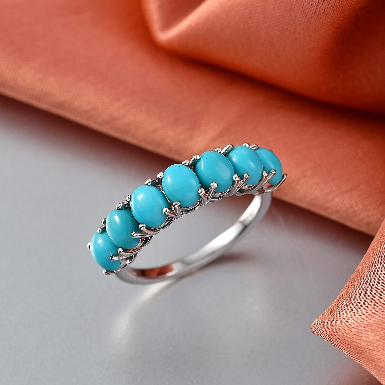 D'Joy Sleeping Beauty Turquoise 7 Stone Ring in Rhodium Overlay Sterling Silver 2.53 Ct.