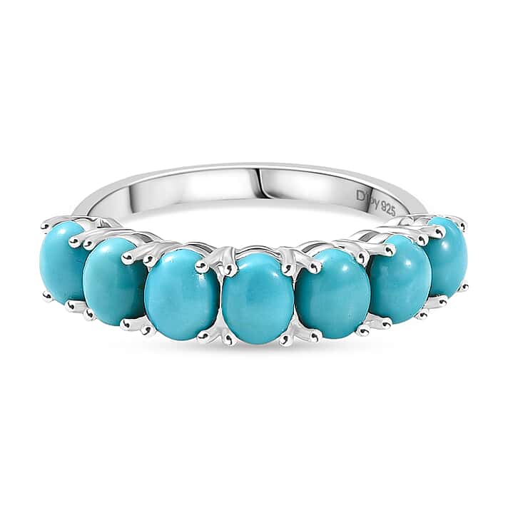 D'Joy Sleeping Beauty Turquoise 7-Stone Ring in Rhodium Overlay Sterling Silver 2.53 Ct.