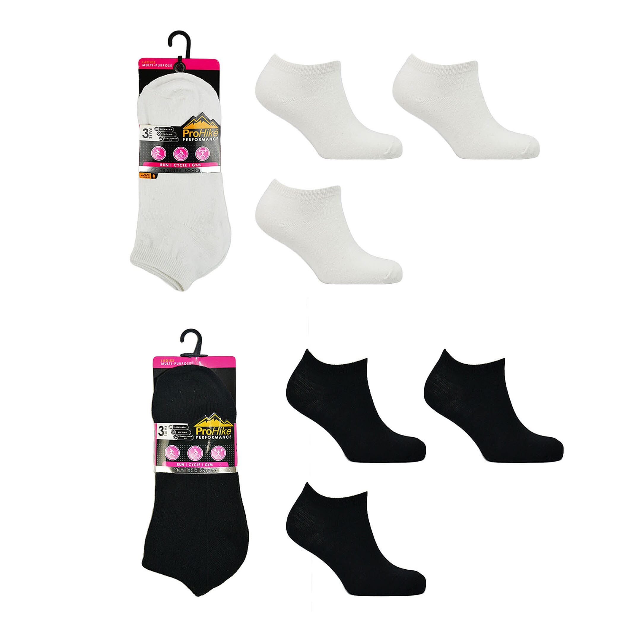 Ladies 6-Pack Ankle Liner Trainer Socks (UK 4-8) - Black & White