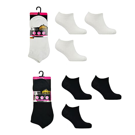Ladies 6-Pack Ankle Liner Trainer Socks (UK 4-8) - Black & White