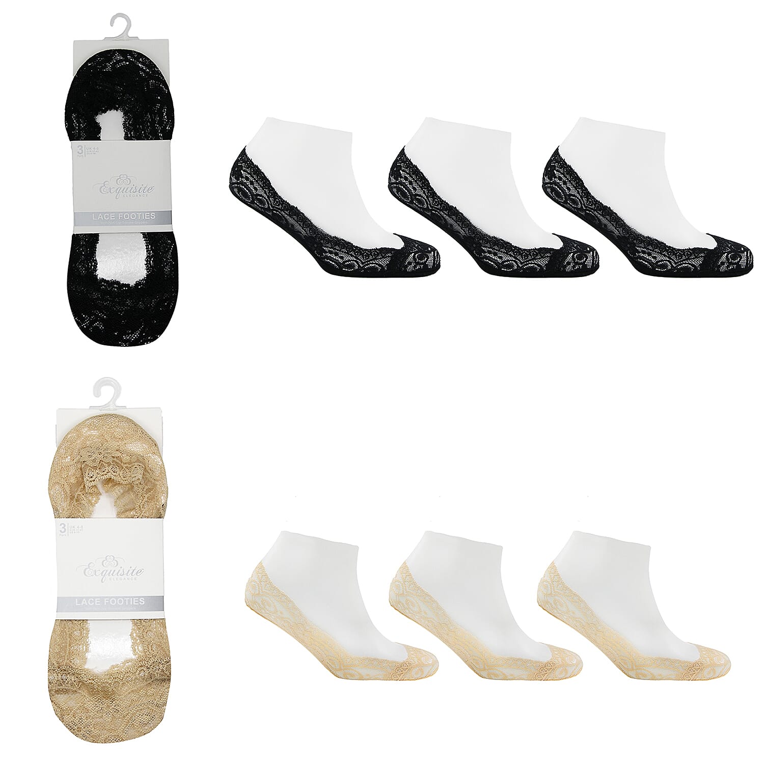 Ladies 6-Pack Exquisite Elegance Lace Footies (UK 4-8) - 3 Black & 3 Nude