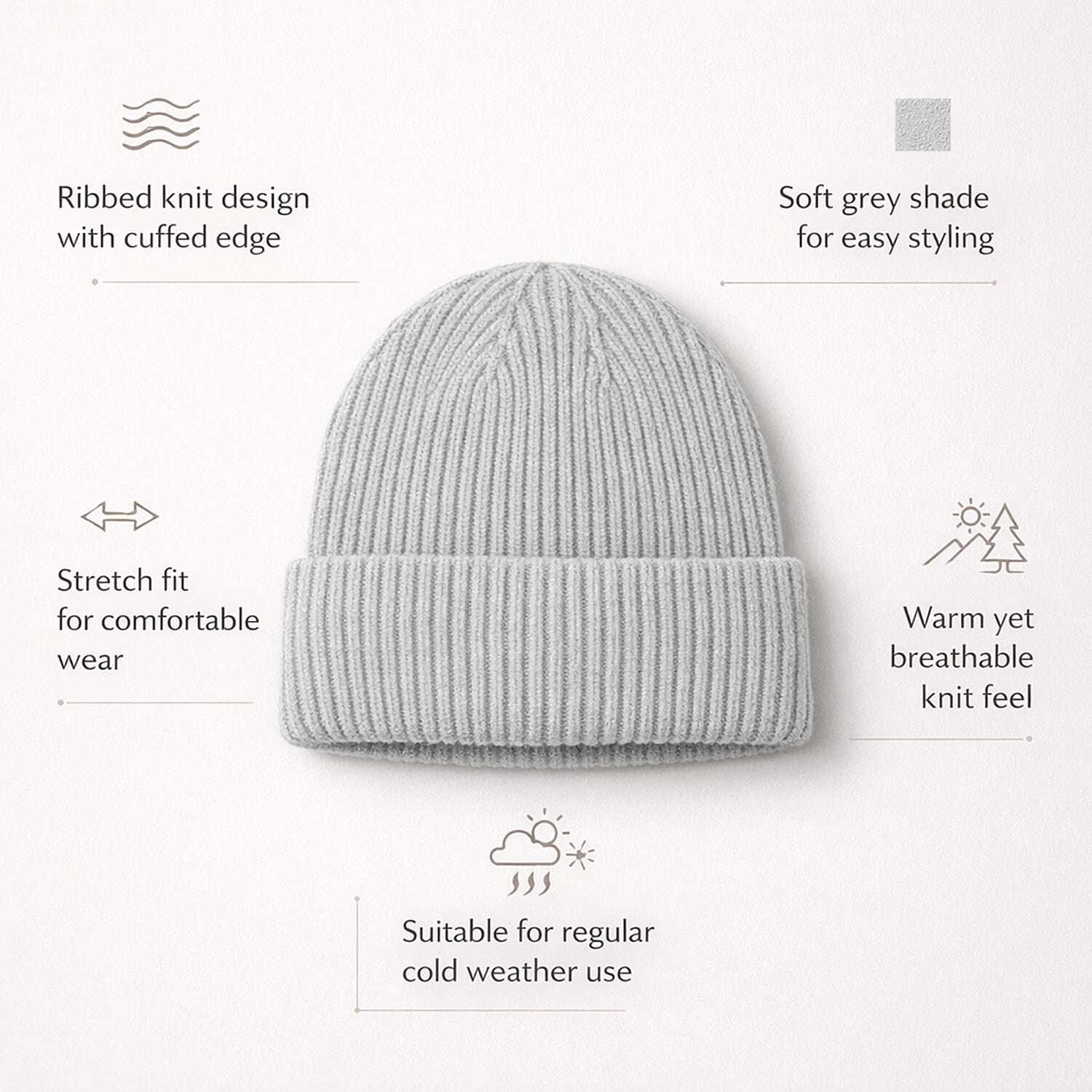 Ribbed Cuff Winter Beanie Hat (One Size) - Grey