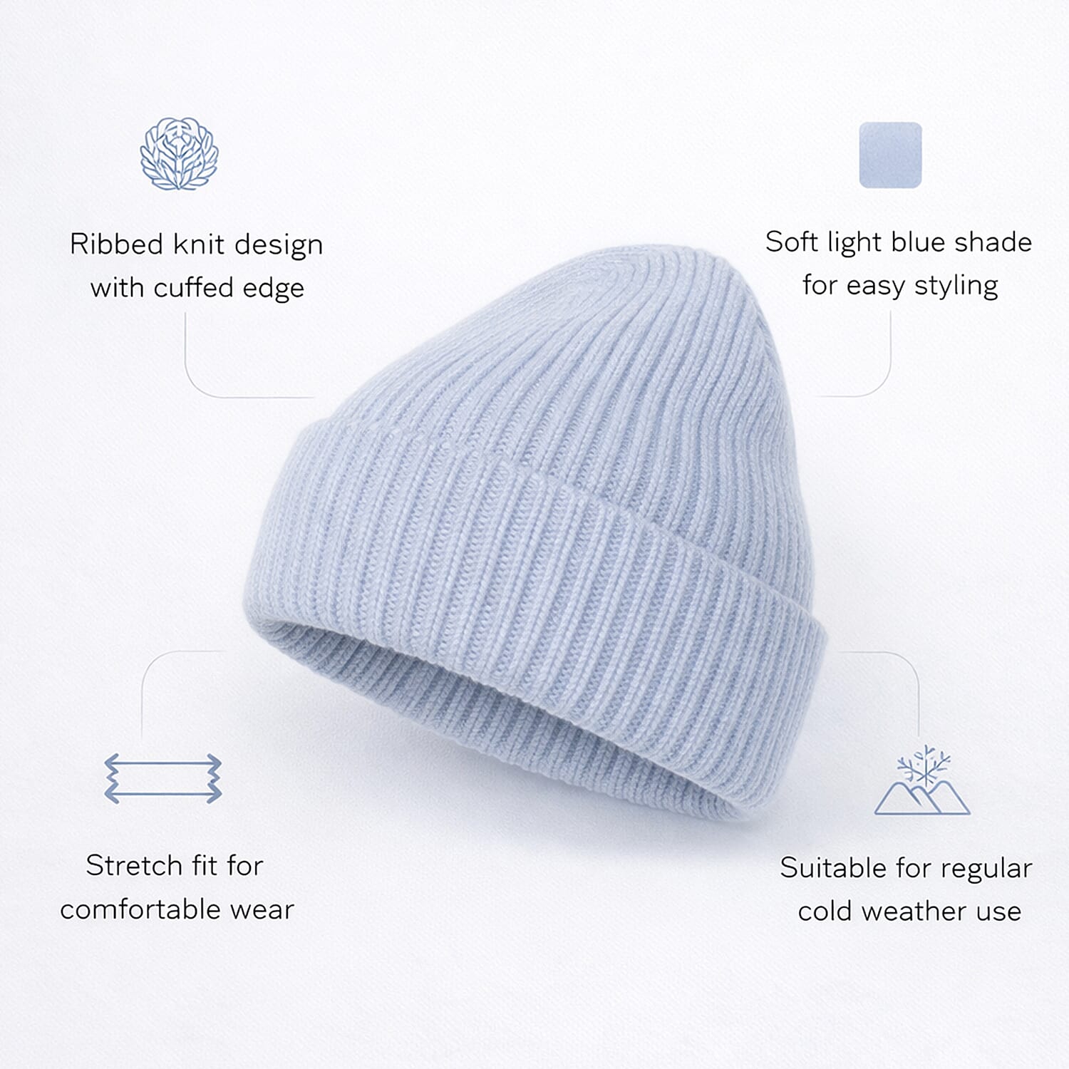 Ribbed Cuff Winter Beanie Hat (One Size) - Sky Blue