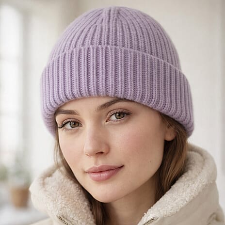 Ribbed Cuff Winter Beanie Hat (One Size) - Purple