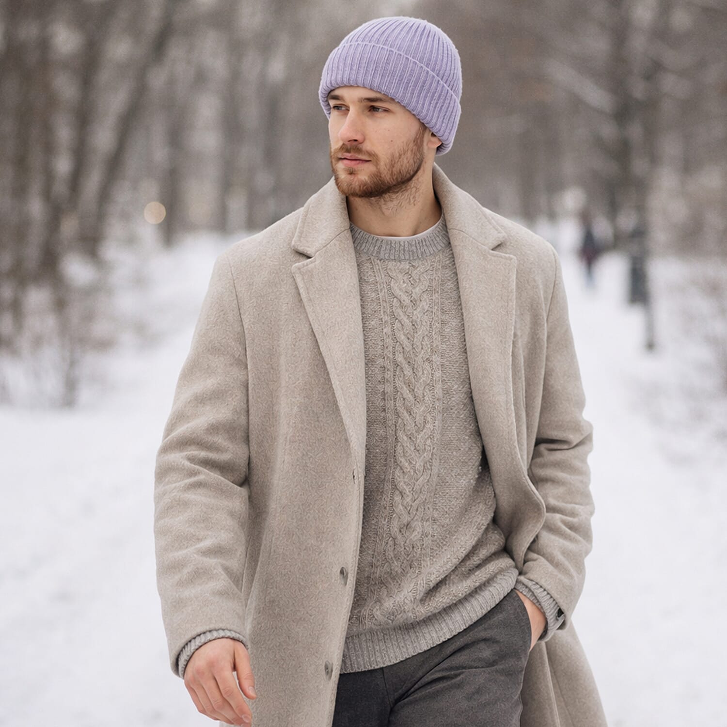 Ribbed Cuff Winter Beanie Hat (One Size) - Purple