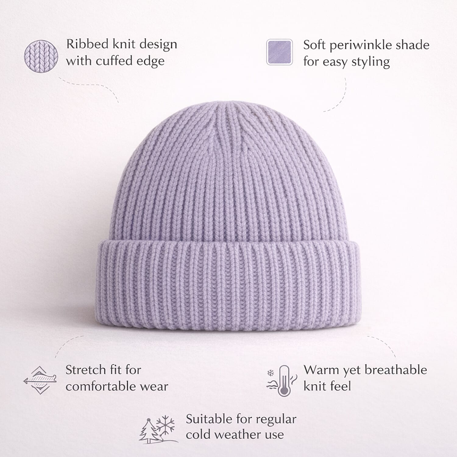Ribbed Cuff Winter Beanie Hat (One Size) - Purple
