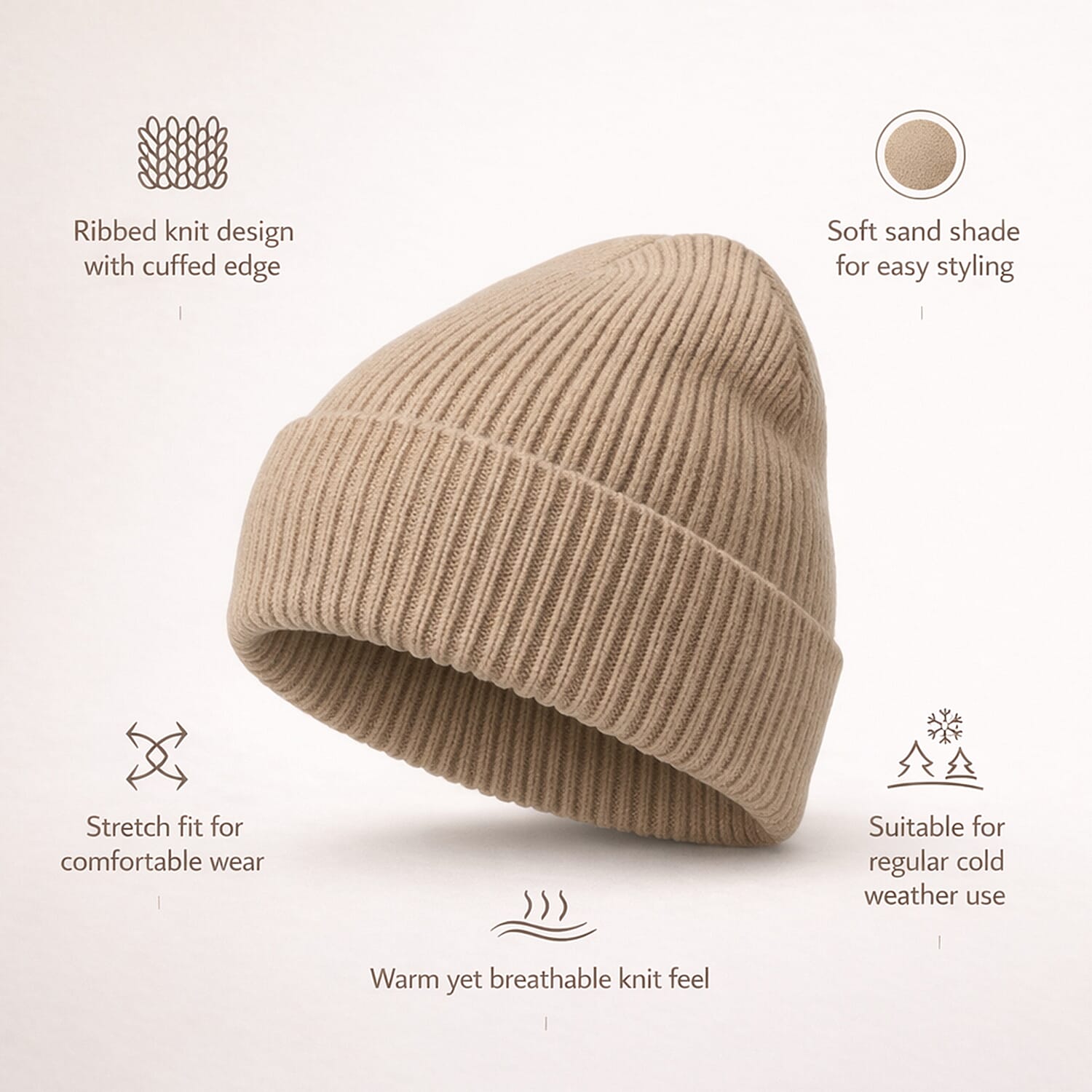 Ribbed Cuff Winter Beanie Hat (One Size) - Sand