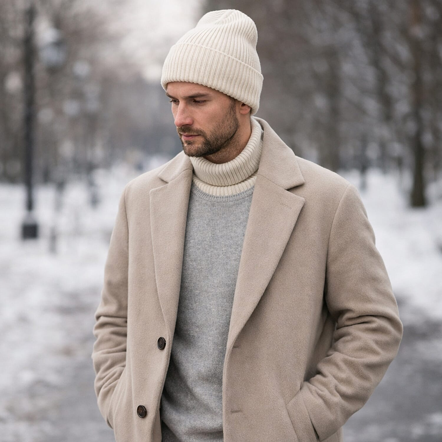 Ribbed Cuff Winter Beanie Hat (One Size) - Cream