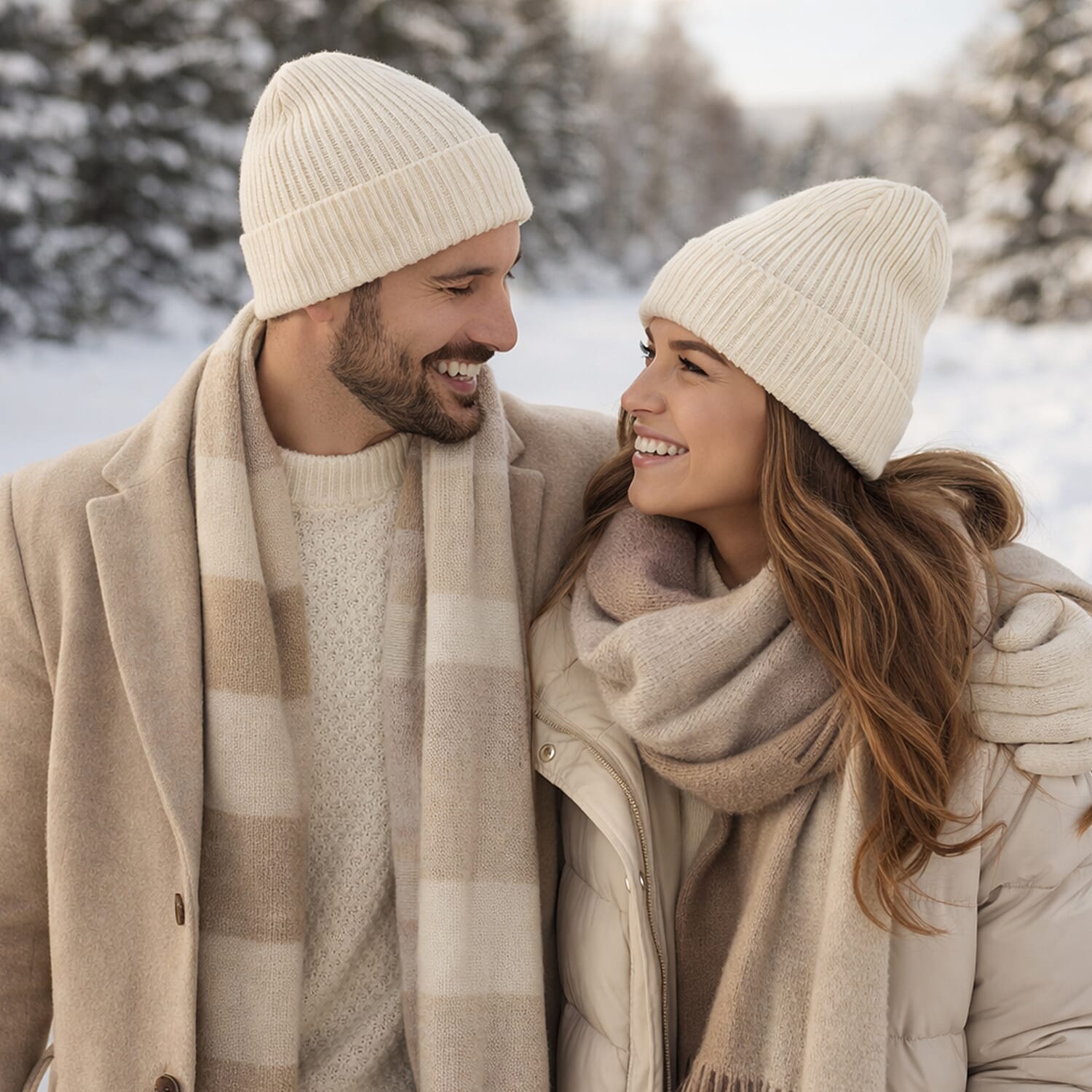 Ribbed Cuff Winter Beanie Hat (One Size) - Cream