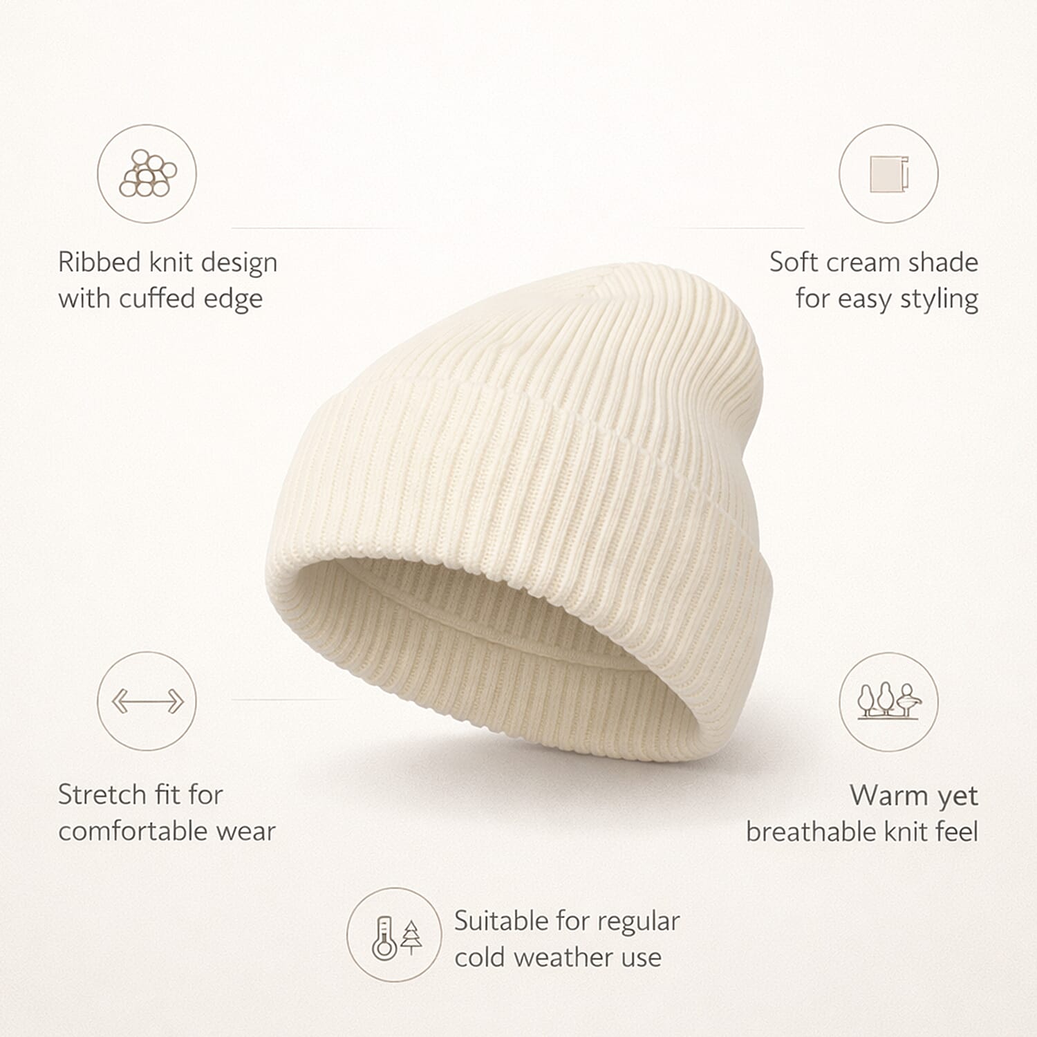 Ribbed Cuff Winter Beanie Hat (One Size) - Cream