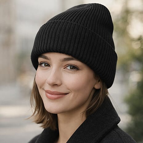 Ribbed Cuff Winter Beanie Hat (One Size) - Black